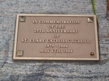 Picture of a plaque at St. Clare Catholic Elementary School